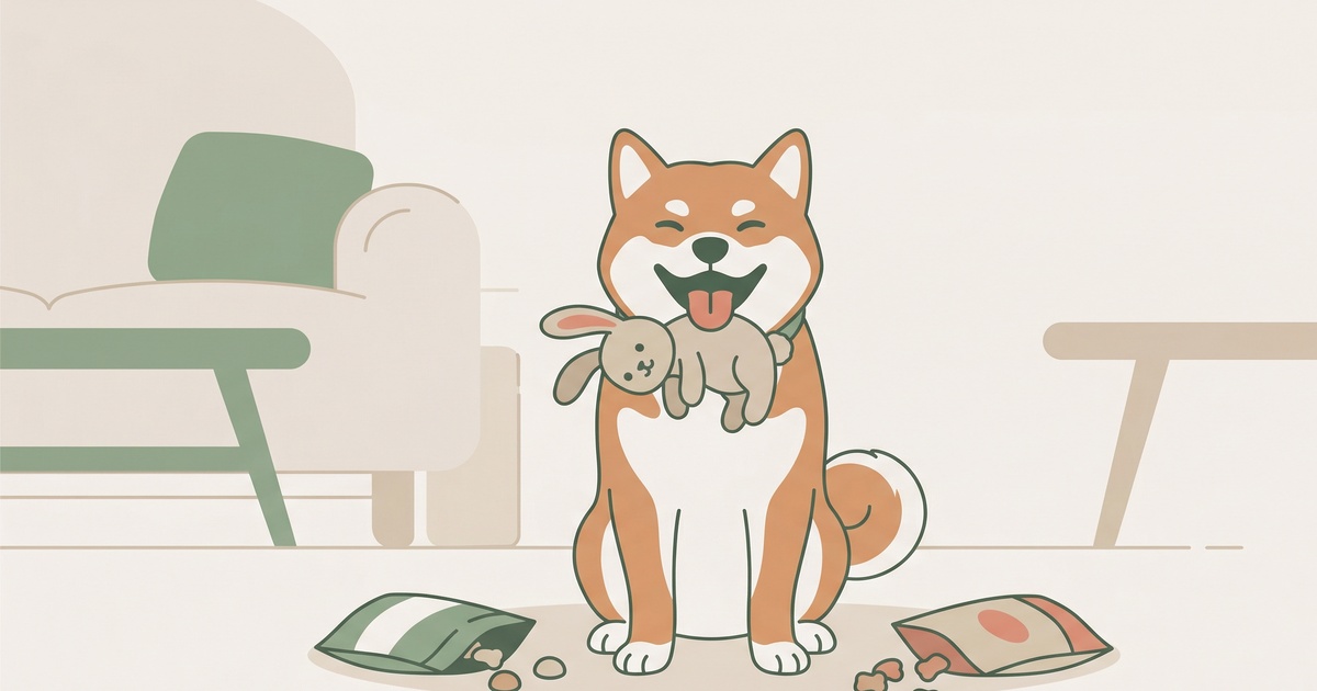 うさぎのぬいぐるみをくわえて柴スマイルする豆柴のイラスト
