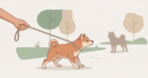 公園で初めて他の犬を見つけてピタッと固まる柴犬の子犬