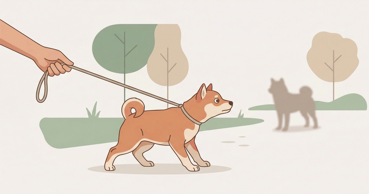 公園で初めて他の犬を見つけてピタッと固まる柴犬の子犬
