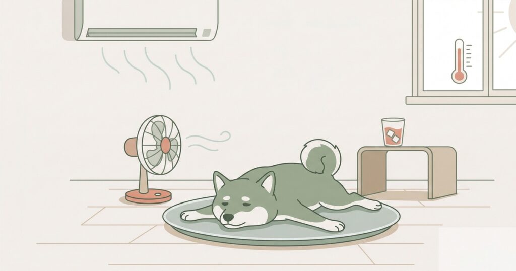 フローリングで溶けたようにぺたんと伸びる柴犬のイラスト