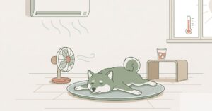 フローリングで溶けたようにぺたんと伸びる柴犬のイラスト