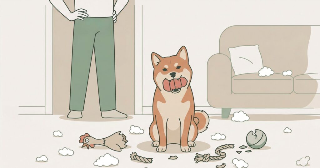 破壊したおもちゃに囲まれて無邪気な顔の柴犬のイラスト