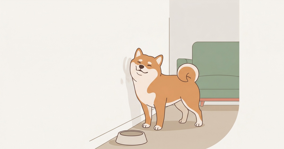 食後に壁に顔をこすりつけて気持ちよさそうな柴犬のイラスト