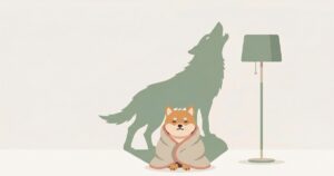 小さな柴犬の後ろにオオカミの影が映っているイラスト
