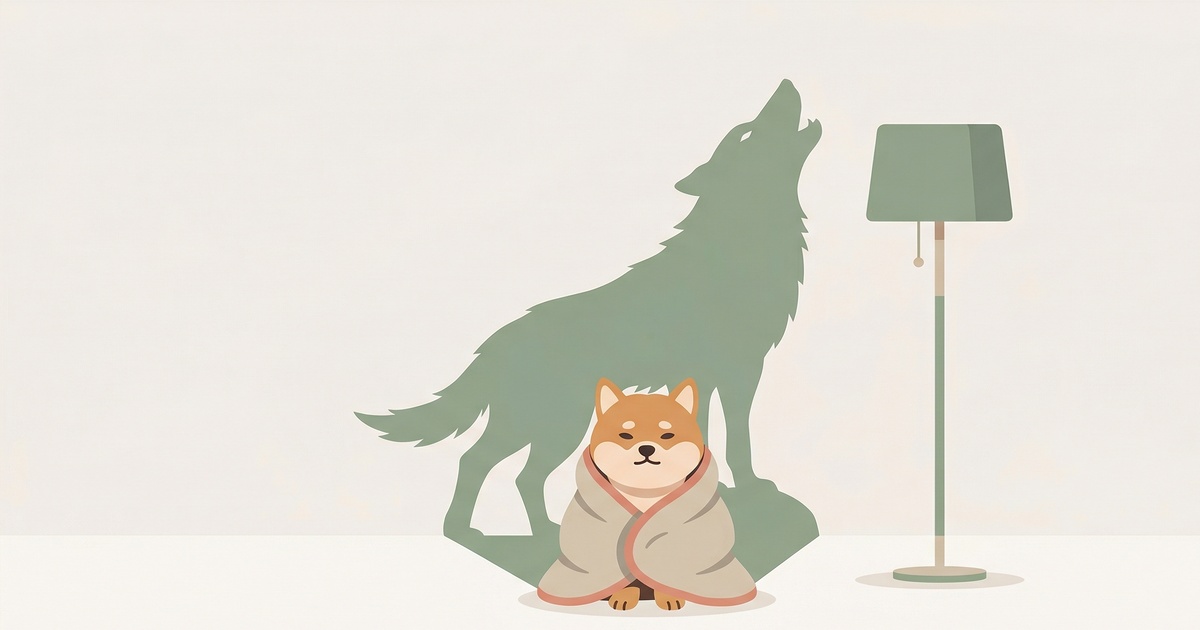 小さな柴犬の後ろにオオカミの影が映っているイラスト